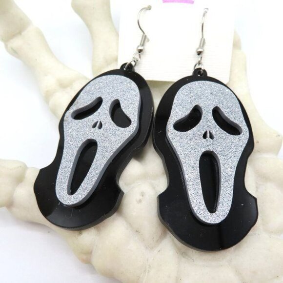 Ghost Face Black Silver Glitter Dangle Earrings Halloween Scream Horror Spooky - Picture 8 of 8